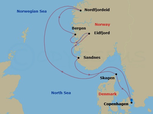 7 Night - A Journey Across Fjords, Forests & Nordic Wonders - EXPLORA V - Starting in Copenhagen, Nordfjordeid, Bergen, Eidfjord, Sandnes, Skagen, Copenhagen itinerary map