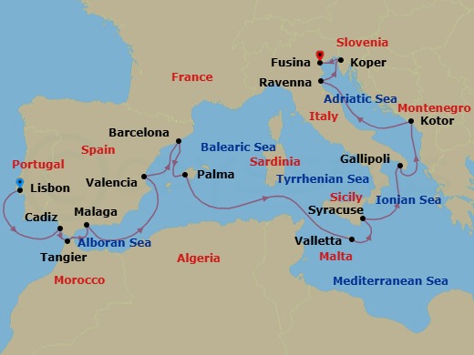 17 Night - An Extended Journey Through Andalusian Energy, Catalan Creativity & Sicilian Flavours - EXPLORA IV - Starting in Lisbon, Cadiz, Tangier, Malaga, Spain, Valencia, Barcelona, Palma De Mallorca, La Valletta, Siracusa (Sicily), Gallipoli, Kotor, Ravenna, Koper, Fusina (Venice) itinerary map