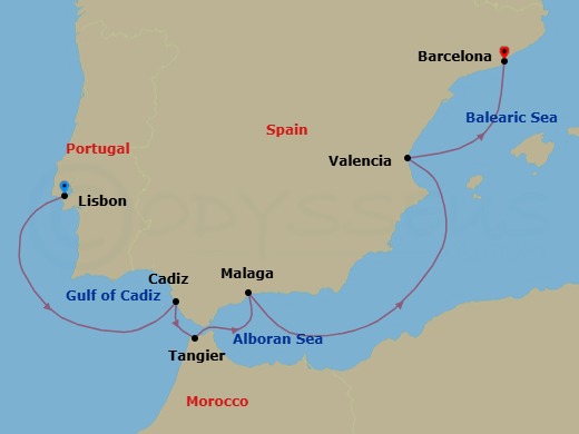 7 Night - A Journey Through the Festive Spirit & Lively Cultures of Iberia - EXPLORA IV - Starting in Lisbon, Cadiz, Tangier, Malaga, Spain, Valencia, Barcelona itinerary map