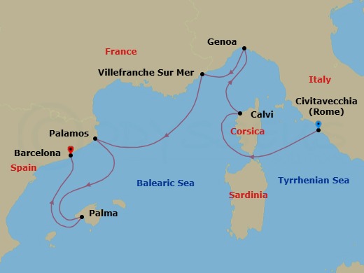 7 Night - A Journey of Mediterranean Colour, Cuisine & Remarkable Landmarks - EXPLORA II - Starting in Civitavecchia (Rome), Calvi (Corsica), Genoa, Villefranche-Sur-Mer (Nice), Palamos, Palma De Mallorca, Barcelona itinerary map