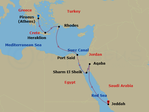 9 Night - A Grand Journey of Enchanting Cityscapes & Medieval Treasures - EXPLORA I - Starting in Piraeus (Athens), Heraklion, Crete, Rhodes, Port Said, Crossing the Suez Canal, Sharm El-Sheikh, Aqaba (Petra), Jeddah itinerary map