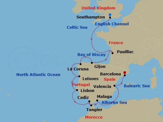 14 Night - An Extended Journey Through Storied Coasts & Timeless Cultural Treasures - EXPLORA IV - Starting in Southampton, Pauillac, Gijon, Spain, La Coruna (a Coruna), Porto (Leixoes), Lisbon, Cadiz, Tangier, Malaga, Spain, Valencia, Barcelona itinerary map