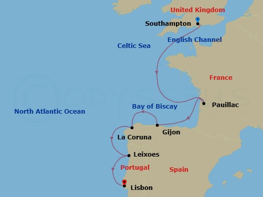 7 Night - A Journey of Scenic Vineyards, Lush Coastlines & Alluring Cultures - EXPLORA IV - Starting in Southampton, Pauillac, Gijon, Spain, La Coruna (a Coruna), Porto (Leixoes), Lisbon itinerary map