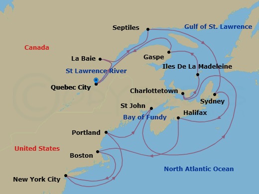 20 Night - An Extended Journey Through Canada's Natural Beauty & Iconic American Cities - EXPLORA V - Starting in Quebec City, La Baie (Saguenay), Sept-Iles, Sydney CA, Halifax, Boston, New York City, Portland ME, Saint John NB (Bay of Fundy), Charlottetown, Prince Edward Island, Iles De La Madeleine, Gaspe, Quebec City itinerary map