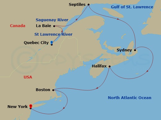10 Night - A Journey from Rugged Scenery to Striking Skylinesa Journey from Rugged Scenery to Striking Skylines - EXPLORA V - Starting in Quebec City, La Baie (Saguenay), Sept-Iles, Sydney CA, Halifax, Boston, New York City itinerary map