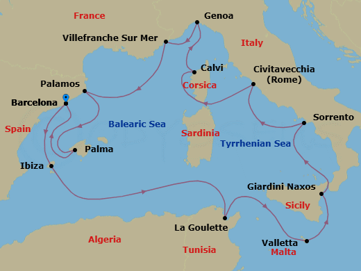 14 Night - An Extended Journey of Roman Marvels & Italian Culinary Delights - EXPLORA II - Starting in Barcelona, Ibiza, Tunis / La Goulette, La Valletta, Giardini Naxos, Sorrento, Civitavecchia (Rome), Calvi (Corsica), Genoa, Villefranche-Sur-Mer (Nice), Palamos, Palma De Mallorca, Barcelona itinerary map