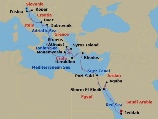 16 Night - A Grand Journey of Greek Monuments, Walled Cities & Egyptian Marvels - EXPLORA I - Starting in Fusina (Venice), Koper, Hvar, Dubrovnik, Croatia, Monemvasia, Syros (Syra), Piraeus (Athens), Heraklion, Crete, Rhodes, Port Said, Crossing the Suez Canal, Sharm El-Sheikh, Aqaba (Petra), Jeddah itinerary map
