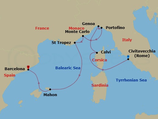 7 Night - A Journey from Rugged Landscapes to Cosmopolitan Allure - EXPLORA II - Starting in Civitavecchia (Rome), Calvi (Corsica), Genoa, Portofino, Monte Carlo, Saint-Tropez, Mahon (Menorca), Barcelona itinerary map