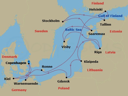14 Night - An Extended Journey Through Nordic Capitals & Baltic Culture - EXPLORA V - Starting in Copenhagen, Kiel, Ronne, Tallinn, Helsinki, Stockholm, Saaremaa, Visby (Gotland), Riga, Klaipeda, Gdansk (Gdynia), Berlin / Warnemunde, Copenhagen itinerary map