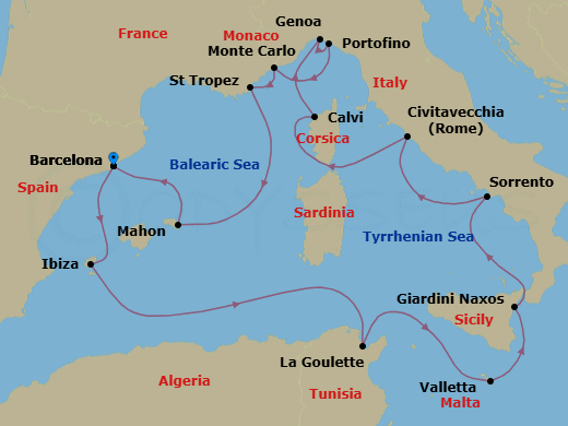 14 Night - An Extended Journey Through Tranquil Coves, Grand Harbours & Ancient Medinas - EXPLORA II - Starting in Barcelona, Ibiza, Tunis / La Goulette, La Valletta, Giardini Naxos, Sorrento, Civitavecchia (Rome), Calvi (Corsica), Genoa, Portofino, Monte Carlo, Saint-Tropez, Mahon (Menorca), Barcelona itinerary map
