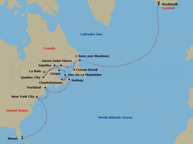 22 Night - A Grand Journey from Miami to the Volcanic Vibrance of Reykjavik - EXPLORA IV - Starting in Miami, New York City, Portland ME, Sydney CA, Charlottetown, Prince Edward Island, Iles De La Madeleine, Gaspe, Quebec City, La Baie (Saguenay), Sept-Iles, Havre-Saint-Pierre, Corner Brook, Lanse Aux Meadows (Newfoundland Island), Reykjavik itinerary map