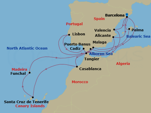 20 Night - An Extended Journey of Moroccan Artistry & Remote Atlantic Wonders - EXPLORA II - Starting in Barcelona, Valencia, Tangier, Casablanca, Santa Cruz de Tenerife, Funchal (Madeira), Puerto Banus (Marbella), Barcelona, Alicante, Lisbon, Cadiz, Malaga, Spain, Palma De Mallorca, Barcelona itinerary map