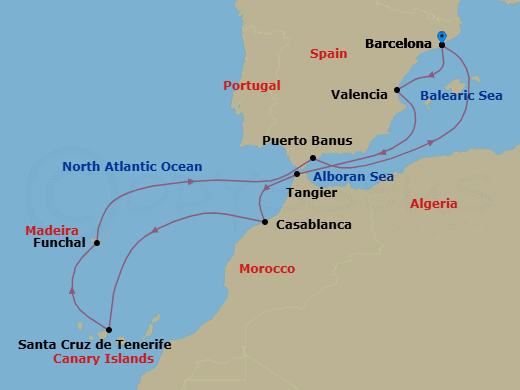 11 Night - A Journey of City Cultures, Storied Streets & Sunlit Shores - EXPLORA II - Starting in Barcelona, Valencia, Tangier, Casablanca, Santa Cruz de Tenerife, Funchal (Madeira), Puerto Banus (Marbella), Barcelona itinerary map