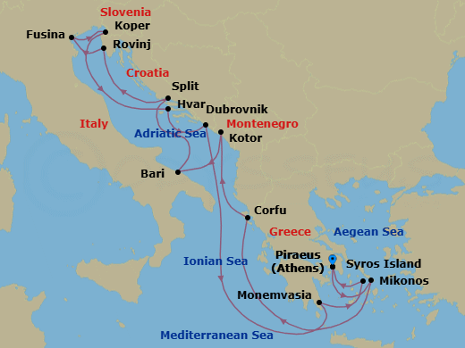 15 Night - An Extended Journey of Mediterranean Culture, Cuisine & Scenic Coastlines - EXPLORA I - Starting in Piraeus (Athens), Mykonos, Corfu, Kotor, Bari, Split, Rovinj, Fusina (Venice), Koper, Hvar, Dubrovnik, Croatia, Monemvasia, Syros (Syra), Piraeus (Athens) itinerary map