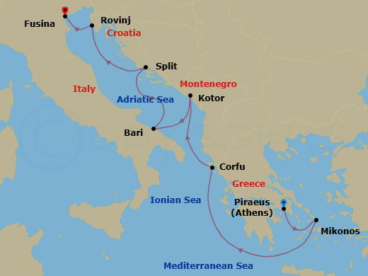 8 Night - A Journey Through the Glittering Legends & Enchanting Landscapes of Southern Europe - EXPLORA I - Starting in Piraeus (Athens), Mykonos, Corfu, Kotor, Bari, Split, Rovinj, Fusina (Venice) itinerary map