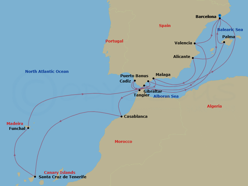 18 Night - An Extended Journey of Iberian Sun, Moroccan Spirit and Atlantic Isles - EXPLORA II - Starting in Barcelona, Alicante, Malaga, Spain, Gibraltar, Cadiz, Palma De Mallorca, Barcelona, Valencia, Tangier, Casablanca, Santa Cruz de Tenerife, Funchal (Madeira), Puerto Banus (Marbella), Barcelona itinerary map