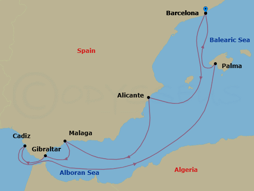 7 Night - A Journey Through Spanish Coastlines, Cultures & Culinary Delights - EXPLORA II - Starting in Barcelona, Alicante, Malaga, Spain, Gibraltar, Cadiz, Palma De Mallorca, Barcelona itinerary map
