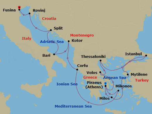 15 Night - An Extended Journey from Athens to the Golden Grandeur of Venice - EXPLORA I - Starting in Piraeus (Athens), Volos, Thessaloniki, Istanbul, Mytilene (Lesbos), Milos, Piraeus (Athens), Mykonos, Corfu, Kotor, Bari, Split, Rovinj, Fusina (Venice) itinerary map