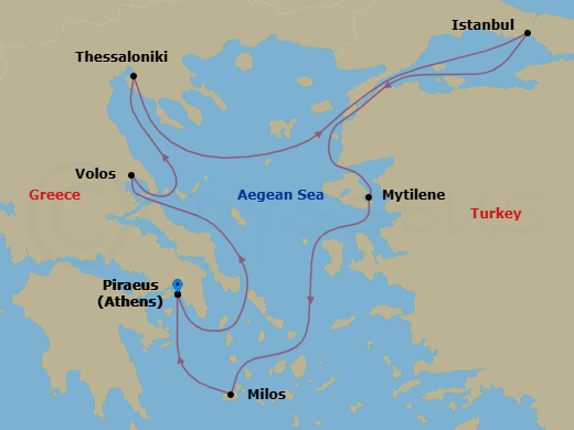 7 Night - A Journey of Classical Greek Spectacles & the Vibrant Charms of Istanbul - EXPLORA I - Starting in Piraeus (Athens), Volos, Thessaloniki, Istanbul, Mytilene (Lesbos), Milos, Piraeus (Athens) itinerary map