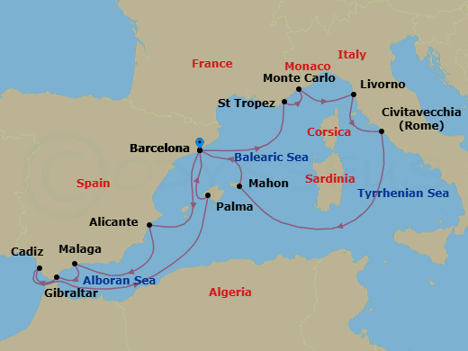 14 Night - An Extended Journey from Cultural Catalonia to Coastal Mallorca - EXPLORA II - Starting in Barcelona, Saint-Tropez, Monte Carlo, Livorno (Florence), Civitavecchia (Rome), Mahon (Menorca), Barcelona, Alicante, Malaga, Spain, Gibraltar, Cadiz, Palma De Mallorca, Barcelona itinerary map