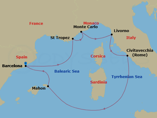 7 Night - A Journey from Bustling Urban Streets to Tranquil Island Elegance - EXPLORA II - Starting in Barcelona, Saint-Tropez, Monte Carlo, Livorno (Florence), Civitavecchia (Rome), Mahon (Menorca), Barcelona itinerary map