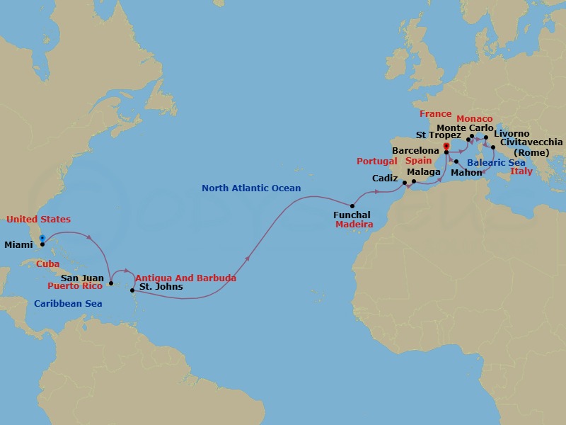 23 Night - A Grand Journey of Tropical Shores, Historic Streets & Renaissance Wonders - EXPLORA II - Starting in Miami, San Juan, St Johns AG, Antigua, Funchal (Madeira), Cadiz, Malaga, Spain, Barcelona, Saint-Tropez, Monte Carlo, Livorno (Florence), Civitavecchia (Rome), Mahon (Menorca), Barcelona itinerary map