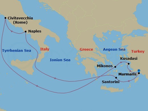 8 Night - Mediterranean - MSC Divina - Starting in Marmaris, Turkey, Santorini, Greece, Naples (Pompeii), Italy, Civitavecchia (Rome), Italy, Mykonos, Greece, Kusadasi, Turkey, Marmaris, Turkey itinerary map