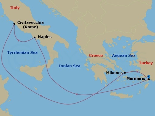6 Night - Mediterranean - MSC Divina - Starting in Marmaris, Turkey, Naples (Pompeii), Italy, Civitavecchia (Rome), Italy, Mykonos, Greece, Marmaris, Turkey itinerary map