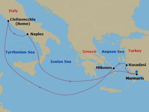 7 Night - Mediterranean - MSC Divina - Starting in Marmaris, Turkey, Naples (Pompeii), Italy, Civitavecchia (Rome), Italy, Mykonos, Greece, Kusadasi, Turkey, Marmaris, Turkey itinerary map