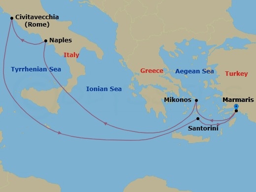 7 Night - Mediterranean - MSC Divina - Starting in Marmaris, Turkey, Mykonos, Greece, Naples (Pompeii), Italy, Civitavecchia (Rome), Italy, Santorini, Greece, Marmaris, Turkey itinerary map