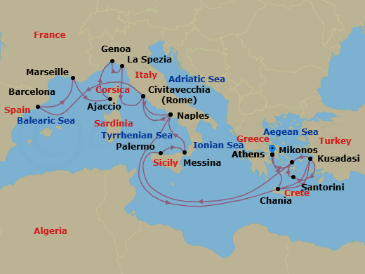 25 Night - The Best of the Mediterranean - Sun Princess - Starting in Athens (Piraeus), Greece, Crete (Chania), Greece, Kusadasi, Turkey (for Ephesus), Santorini, Greece, Mykonos, Greece, Sicily (Palermo), Italy, Sicily (Messina), Italy, Naples, Italy (for Capri and Pompeii), Civitavecchia (for Rome), Italy, Barcelona, Spain, Marseille (Provence), France, Corsica (Ajaccio), France, Genoa (for Cinque Terre), Italy, La Spezia (for Florence / Pisa), Italy, Civitavecchia (for Rome), Italy, Naples, Italy (for Capri and Pompeii), Crete (Chania), Greece, Kusadasi, Turkey (for Ephesus), Mykonos, Greece, Athens (Piraeus), Greece itinerary map