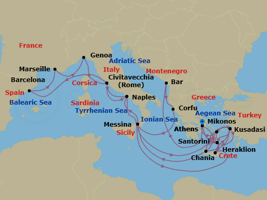 31 Night - The Best of the Mediterranean - Sun Princess - Starting in Athens (Piraeus), Greece, Crete (Heraklion), Greece, Kusadasi, Turkey (for Ephesus), Santorini, Greece, Mykonos, Greece, Crete (Chania), Greece, Sicily (Messina), Italy, Naples, Italy (for Capri and Pompeii), Civitavecchia (for Rome), Italy, Barcelona, Spain, Marseille (Provence), France, Genoa (for Cinque Terre), Italy, Civitavecchia (for Rome), Italy, Naples, Italy (for Capri and Pompeii), Crete (Heraklion), Greece, Santorini, Greece, Kusadasi, Turkey (for Ephesus), Mykonos, Greece, Athens (Piraeus), Greece, Montenegro, Corfu, Greece, Sicily (Messina), Italy, Santorini, Greece, Mykonos, Greece, Kusadasi, Turkey (for Ephesus), Crete (Chania), Greece, Athens (Piraeus), Greece itinerary map