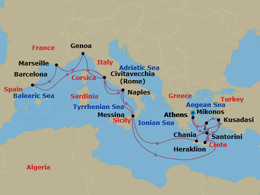 21 Night - The Best of the Mediterranean - Sun Princess - Starting in Athens (Piraeus), Greece, Crete (Heraklion), Greece, Kusadasi, Turkey (for Ephesus), Santorini, Greece, Mykonos, Greece, Crete (Chania), Greece, Sicily (Messina), Italy, Naples, Italy (for Capri and Pompeii), Civitavecchia (for Rome), Italy, Barcelona, Spain, Marseille (Provence), France, Genoa (for Cinque Terre), Italy, Civitavecchia (for Rome), Italy, Naples, Italy (for Capri and Pompeii), Crete (Heraklion), Greece, Santorini, Greece, Kusadasi, Turkey (for Ephesus), Mykonos, Greece, Athens (Piraeus), Greece itinerary map