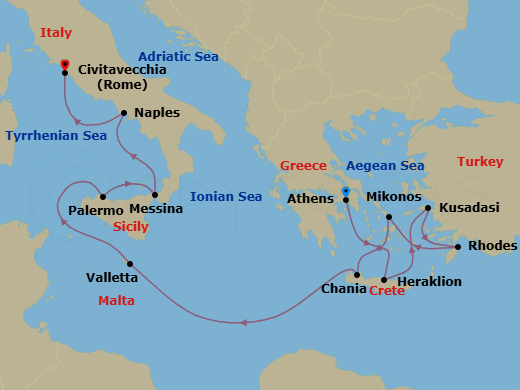 11 Night - Mediterranean with Greek Isles & Italy - Enchanted Princess - Starting in Athens (Piraeus), Greece, Crete (Heraklion), Greece, Kusadasi, Turkey (for Ephesus), Rhodes, Greece, Mykonos, Greece, Crete (Chania), Greece, Valletta, Malta, Sicily (Palermo), Italy, Sicily (Messina), Italy, Naples, Italy (for Capri and Pompeii), Civitavecchia (for Rome), Italy itinerary map