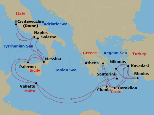 21 Night - The Best of the Mediterranean - Enchanted Princess - Starting in Civitavecchia (for Rome), Italy, Amalfi Coast (Salerno), Sicily (Messina), Italy, Sicily (Palermo), Italy, Valletta, Malta, Santorini, Greece, Mykonos, Greece, Kusadasi, Turkey (for Ephesus), Crete (Heraklion), Greece, Athens (Piraeus), Greece, Crete (Heraklion), Greece, Kusadasi, Turkey (for Ephesus), Rhodes, Greece, Mykonos, Greece, Crete (Chania), Greece, Valletta, Malta, Sicily (Palermo), Italy, Sicily (Messina), Italy, Naples, Italy (for Capri and Pompeii), Civitavecchia (for Rome), Italy itinerary map
