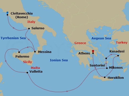 10 Night - Mediterranean with Greek Isles - Enchanted Princess - Starting in Civitavecchia (for Rome), Italy, Amalfi Coast (Salerno), Sicily (Messina), Italy, Sicily (Palermo), Italy, Valletta, Malta, Santorini, Greece, Mykonos, Greece, Kusadasi, Turkey (for Ephesus), Crete (Heraklion), Greece, Athens (Piraeus), Greece itinerary map