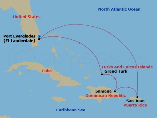 7 Night - Grand Turk & Dominican Republic - Celebrity Summit - Starting in Fort Lauderdale, Florida, San Juan, Puerto Rico, Samana, Dominican Republic, Grand Turk, Turks and Caicos, Fort Lauderdale, Florida itinerary map