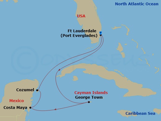7 Night - Grand Cayman & Mexico Cruise - Celebrity Summit - Starting in Fort Lauderdale, Florida, George Town, Grand Cayman, Puerto Costa Maya, Mexico, Cozumel, Mexico, Fort Lauderdale, Florida itinerary map