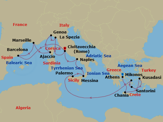 18 Night - The Best of the Mediterranean - Sun Princess - Starting in Athens (Piraeus), Greece, Crete (Chania), Greece, Kusadasi, Turkey (for Ephesus), Santorini, Greece, Mykonos, Greece, Sicily (Palermo), Italy, Sicily (Messina), Italy, Naples, Italy (for Capri and Pompeii), Civitavecchia (for Rome), Italy, Barcelona, Spain, Marseille (Provence), France, Corsica (Ajaccio), France, Genoa (for Cinque Terre), Italy, La Spezia (for Florence / Pisa), Italy, Civitavecchia (for Rome), Italy itinerary map
