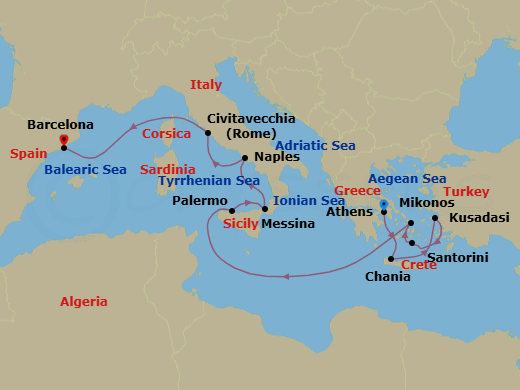 11 Night - Mediterranean with Greek Isles & Italy - Sun Princess - Starting in Athens (Piraeus), Greece, Crete (Chania), Greece, Kusadasi, Turkey (for Ephesus), Santorini, Greece, Mykonos, Greece, Sicily (Palermo), Italy, Sicily (Messina), Italy, Naples, Italy (for Capri and Pompeii), Civitavecchia (for Rome), Italy, Barcelona, Spain itinerary map