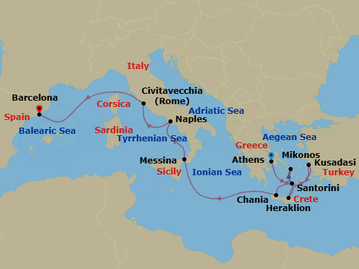 11 Night - Mediterranean with Greek Isles - Sun Princess - Starting in Athens (Piraeus), Greece, Crete (Heraklion), Greece, Kusadasi, Turkey (for Ephesus), Santorini, Greece, Mykonos, Greece, Crete (Chania), Greece, Sicily (Messina), Italy, Naples, Italy (for Capri and Pompeii), Civitavecchia (for Rome), Italy, Barcelona, Spain itinerary map