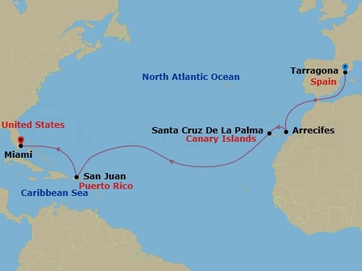 14 Night - The Magnificent Atlantic - Seven Seas Splendor - Starting in Barcelona (Tarragona), Cruising the Atlantic Ocean, Arrecife (Lanzarote), Santa Cruz de La Palma, Cruising the Atlantic Ocean, San Juan, Cruising the Atlantic Ocean, Cruising the Bahamian Waters, Miami itinerary map