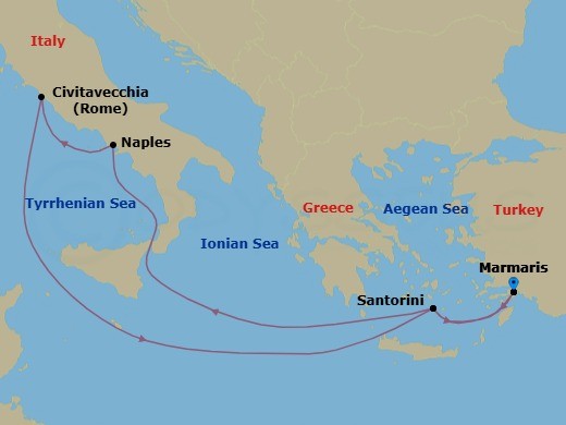 7 Night - Mediterranean - MSC Divina - Starting in Marmaris, Turkey, Santorini, Greece, Naples (Pompeii), Italy, Civitavecchia (Rome), Italy, Santorini, Greece, Marmaris, Turkey itinerary map