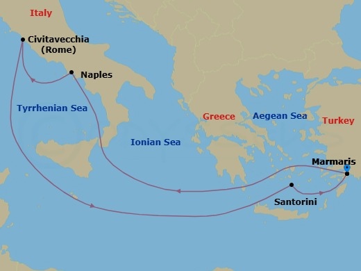 6 Night - Mediterranean - MSC Divina - Starting in Marmaris, Turkey, Naples (Pompeii), Italy, Civitavecchia (Rome), Italy, Santorini, Greece, Marmaris, Turkey itinerary map