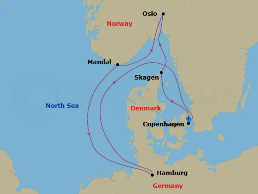 7 Night - A Journey Through Coastal Splendour & Vibrant Cityscapes - EXPLORA V - Starting in Copenhagen, Skagen, Oslo, Mandal, Hamburg, Copenhagen itinerary map