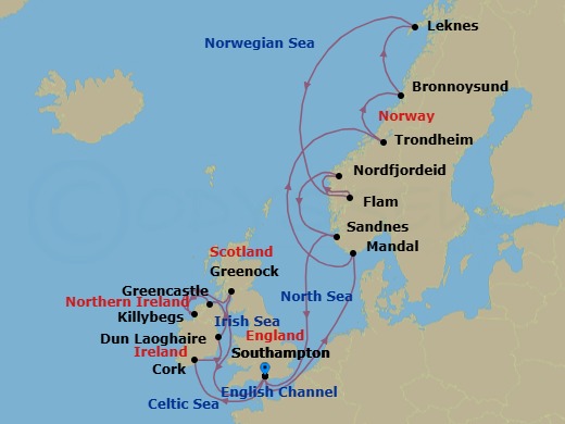 20 Night - An Extended Journey Through Gaelic Treasures, Wild Coastlines & Golden Beaches - EXPLORA IV - Starting in Southampton, Cork, Dun Laoghaire, Greencastle (County Donegal), Killybegs (County Donegal), Glasgow (Greenock), Southampton, Mandal, Trondheim, Bronnoysund, Leknes (Lofoten Islands), Flam, Norway, Nordfjordeid, Sandnes, Southampton itinerary map