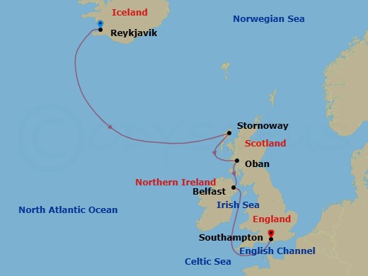 7 Night - A Journey from the Geological Wonders of Iceland to Britain's Storied Shores - EXPLORA IV - Starting in Reykjavik, Stornoway (Isle of Lewis), Oban UK, Belfast, Southampton itinerary map