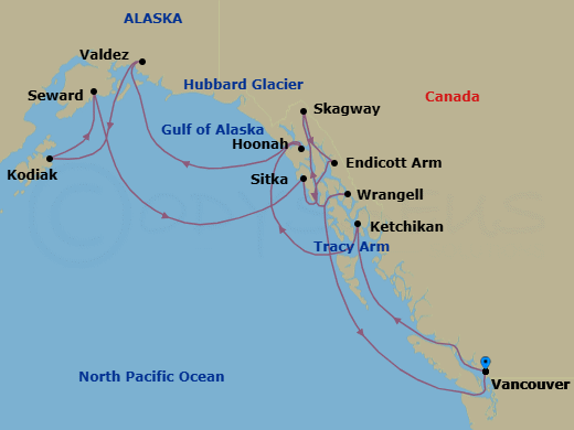 14 Night - An Extended Journey of Wild Alaskan Fjords & Ancient Cultural Gems - EXPLORA III - Starting in Vancouver, Ward Cove / Ketchikan, Hoonah, Sailing the Hubbard Glacier, Valdez, Kodiak, Seward, Sitka, Skagway, Endicott Arm (Dawes Glacier), Sailing the Tracy Arm Fjord, Wrangell, Vancouver itinerary map