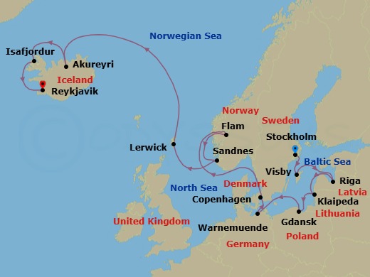 15 Night - An Extended Journey of Nordic Cities, Rugged Coastlines & Scenic Fjords - EXPLORA V - Starting in Stockholm, Visby (Gotland), Riga, Klaipeda, Gdansk (Gdynia), Berlin / Warnemunde, Copenhagen, Flam, Norway, Sandnes, Lerwick (Shetland Islands), Akureyri, Isafjordur, Reykjavik itinerary map