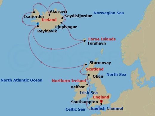 14 Night - An Extended Journey of Wild Fjords, Glacial Lagoons & Gaelic Heritage - EXPLORA IV - Starting in Reykjavik, Isafjordur, Akureyri, Seydisfjordur, Djupivogur, Torshavn, Reykjavik, Stornoway (Isle of Lewis), Oban UK, Belfast, Southampton itinerary map